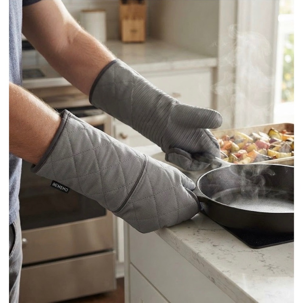 Beneno Heat Resistant 500°F Kitchen Oven Mitts 2-Pack, 7.5"x14.3", Gray